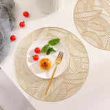 Placemats and Coasters Set Hollow Insulation 6 Pcs Round Dining Table Place Mats and 6 Pcs Leaf Shape Cup Coasters Gold