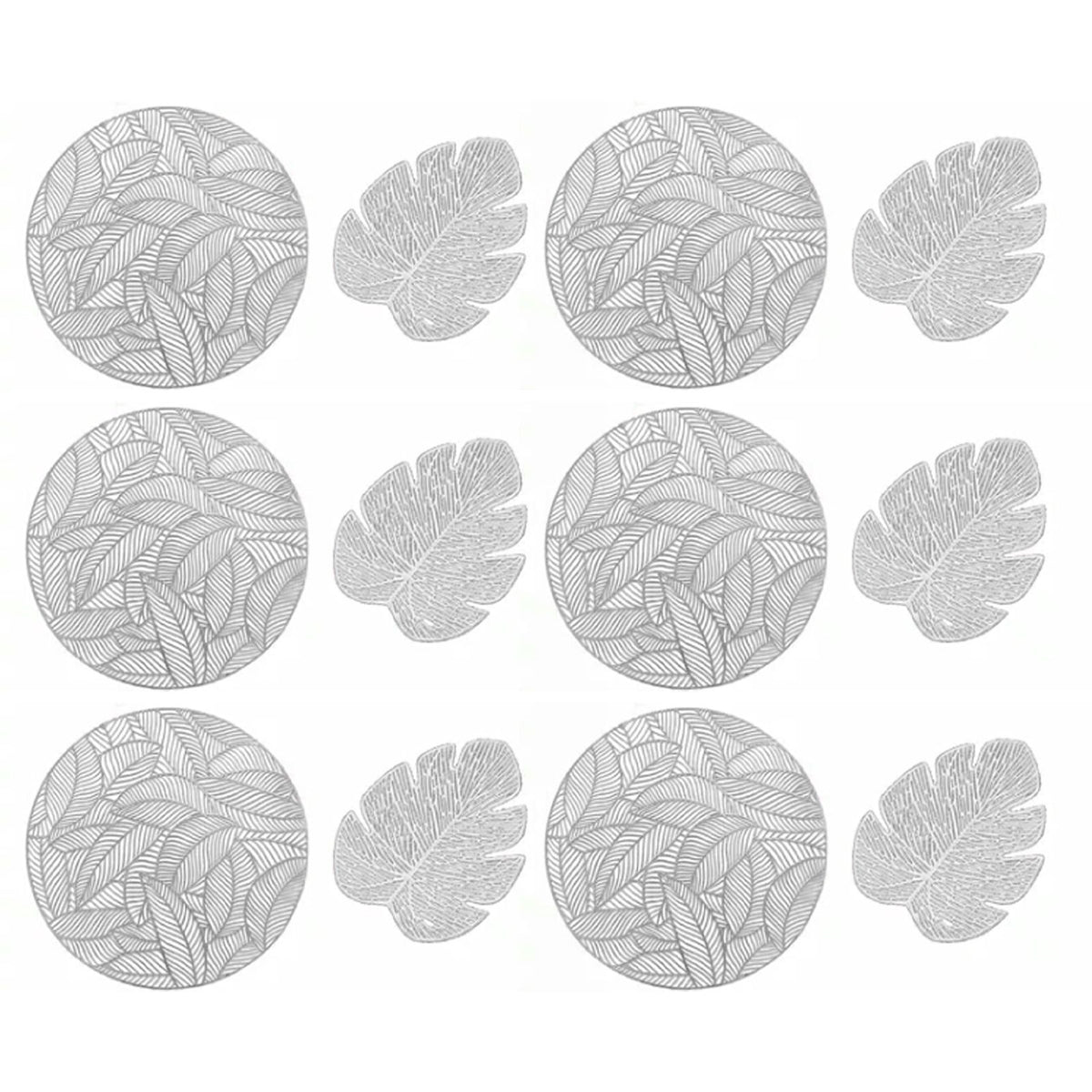 Placemats and Coasters Set Hollow Insulation 6 Pcs Round Dining Table Place Mats and 6 Pcs Leaf Shape Cup Coasters Silver