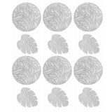 Placemats and Coasters Set Hollow Insulation 6 Pcs Round Dining Table Place Mats and 6 Pcs Leaf Shape Cup Coasters Silver - Top-Down View