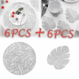 Placemats and Coasters Set Hollow Insulation 6 Pcs Round Dining Table Place Mats and 6 Pcs Leaf Shape Cup Coasters Silver - Rear View