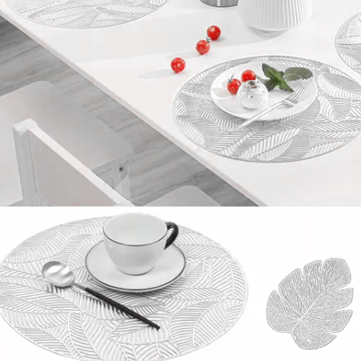 Placemats and Coasters Set Hollow Insulation 6 Pcs Round Dining Table Place Mats and 6 Pcs Leaf Shape Cup Coasters Silver