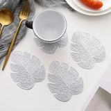 Placemats and Coasters Set Hollow Insulation 6 Pcs Round Dining Table Place Mats and 6 Pcs Leaf Shape Cup Coasters Silver - Extra Image