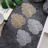 Placemats and Coasters Set Hollow Insulation 6 Pcs Round Dining Table Place Mats and 6 Pcs Leaf Shape Cup Coasters Silver - Extra Image