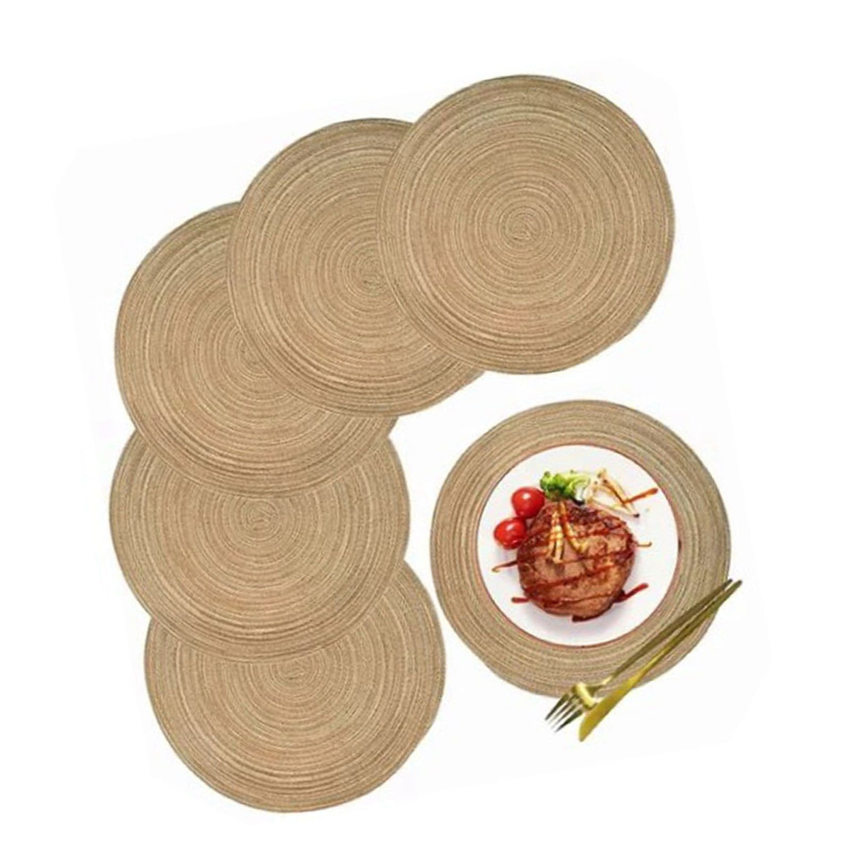 6pcs Round Placemats Slip Proof Prevent Scalding Insulation Decorative Woven Table Mats for Home Cafe Khaki 11.8in