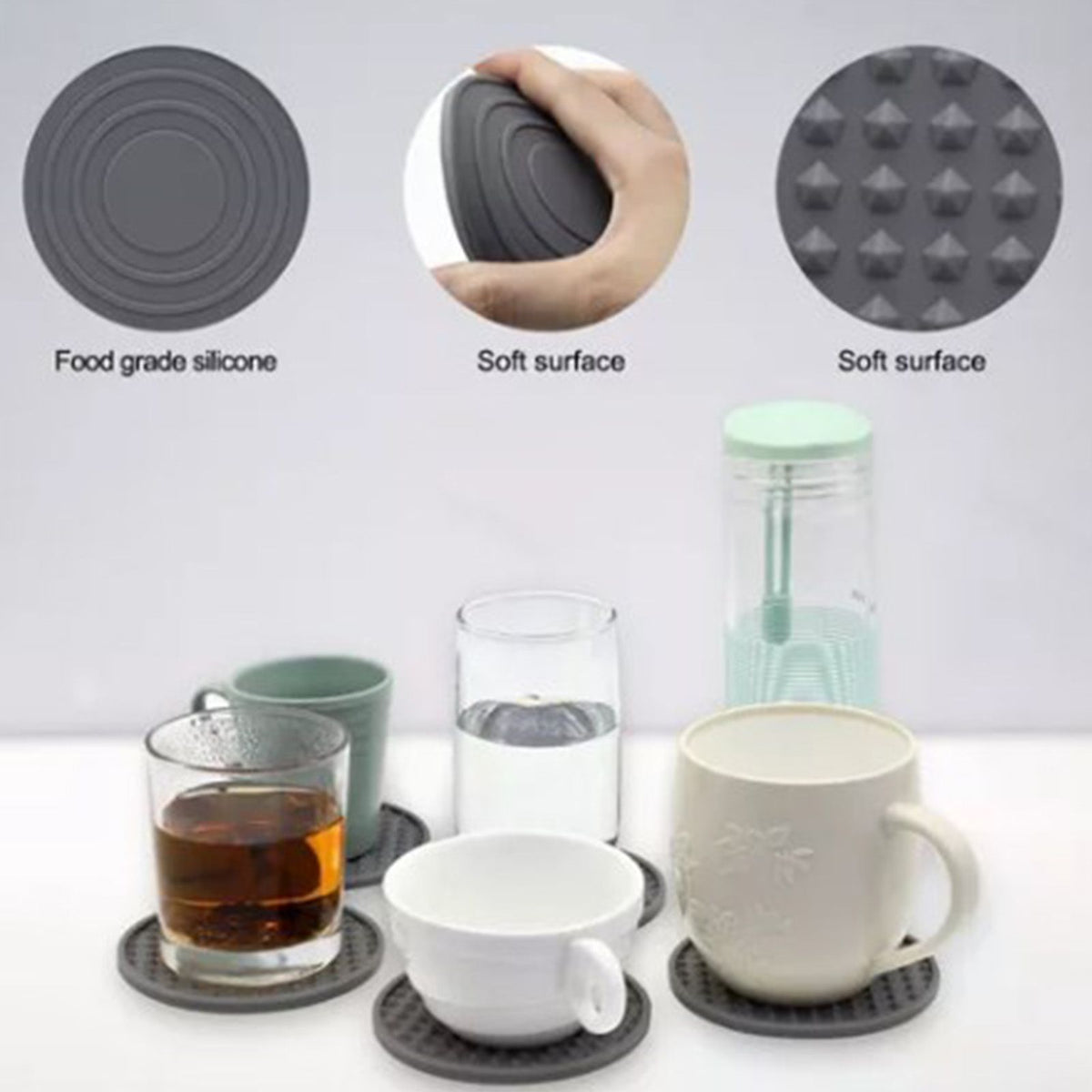 6Pcs Silicone Coaster Set Heat Resistant Prevent Slip Flexible Round Silicone Drink Coaster with Holder for Home Kitchen Grey