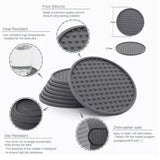 6Pcs Silicone Coaster Set Heat Resistant Prevent Slip Flexible Round Silicone Drink Coaster with Holder for Home Kitchen Grey