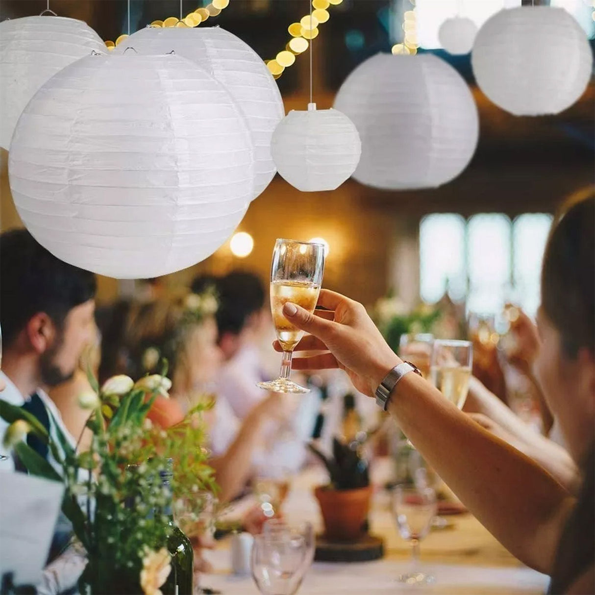 Chinese White Paper Lantern Decorative Round Paper Lanterns with 10 LED Lights for Wedding Party Christmas Party Decor