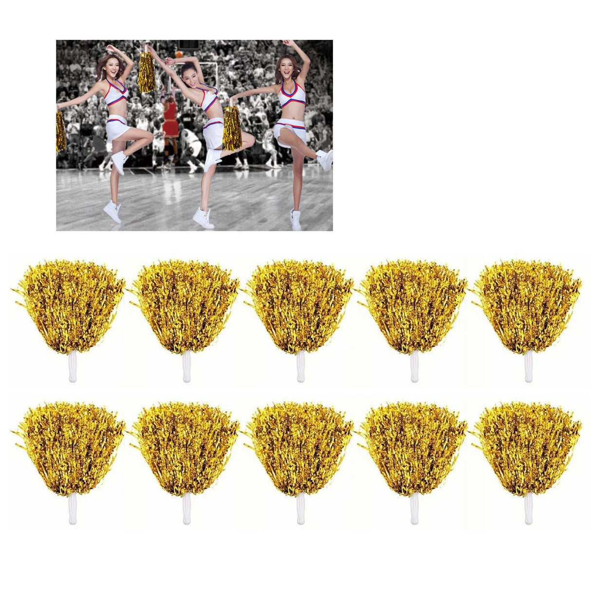 10PCS Cheerleading Pompoms with Straight Handle Reusable Flash Effect Plastic Cheering Poms Ball for Basketball Baseball