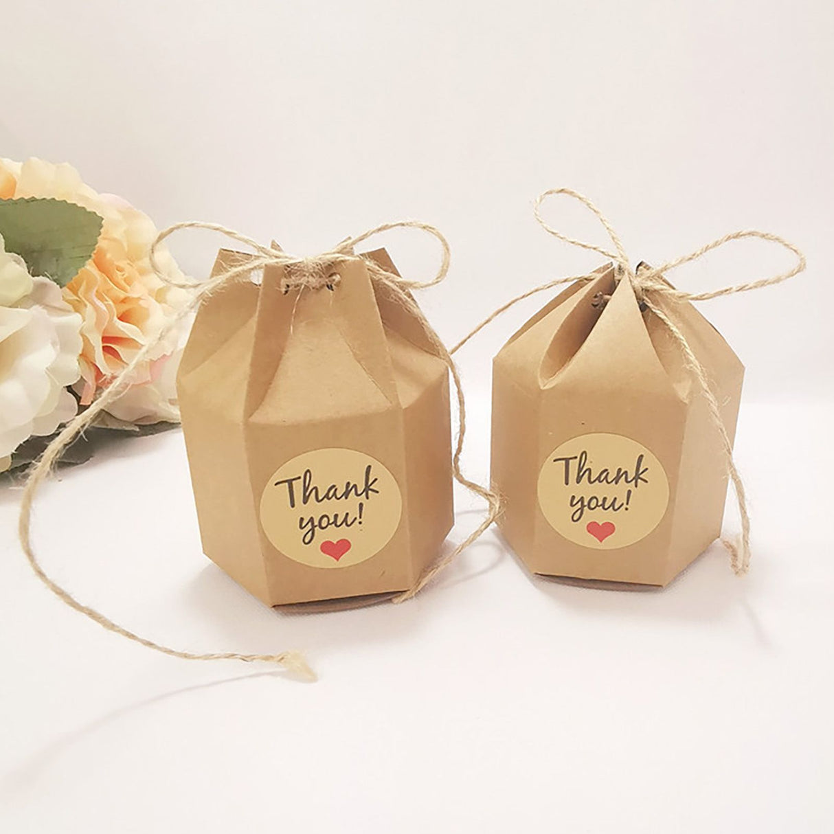 50Pcs Hexagonal Candy Treat Box Exquisite Gift Packaging Box for Wedding Birthday Party Baby Shower Brown Paper