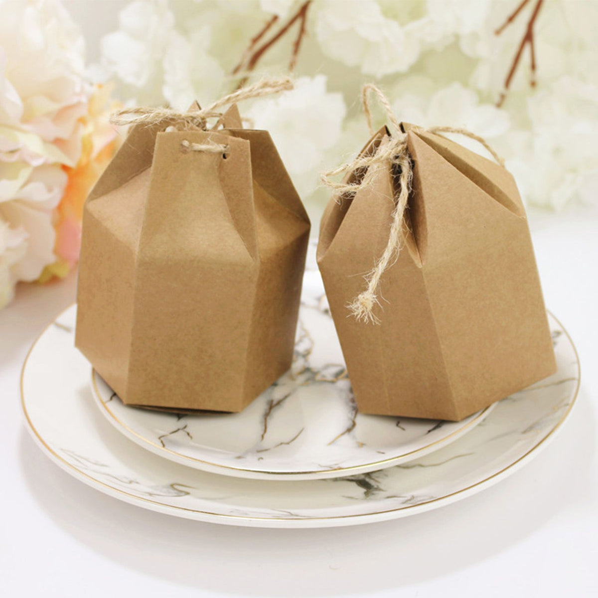 50Pcs Hexagonal Candy Treat Box Exquisite Gift Packaging Box for Wedding Birthday Party Baby Shower Brown Paper