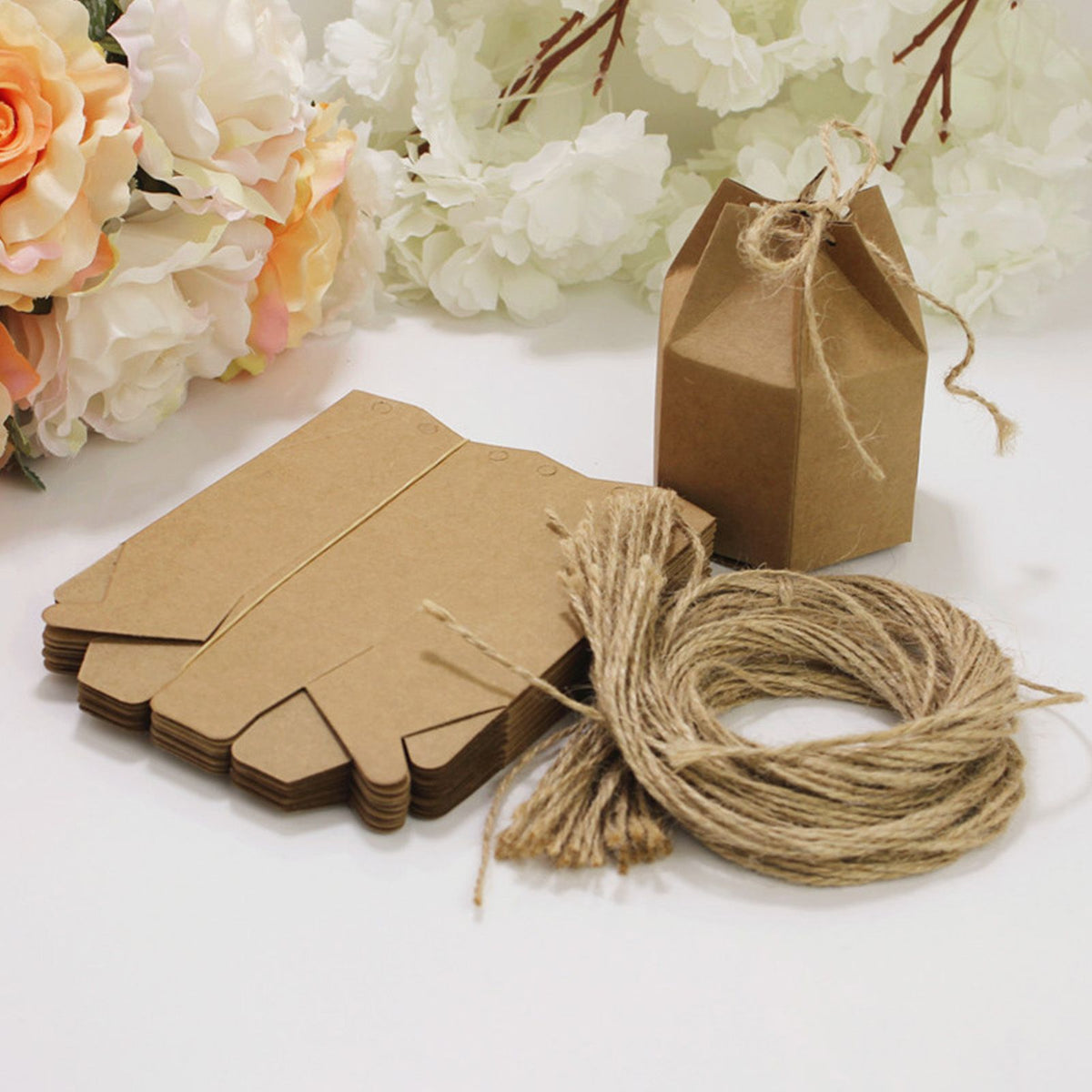 50Pcs Hexagonal Candy Treat Box Exquisite Gift Packaging Box for Wedding Birthday Party Baby Shower Brown Paper