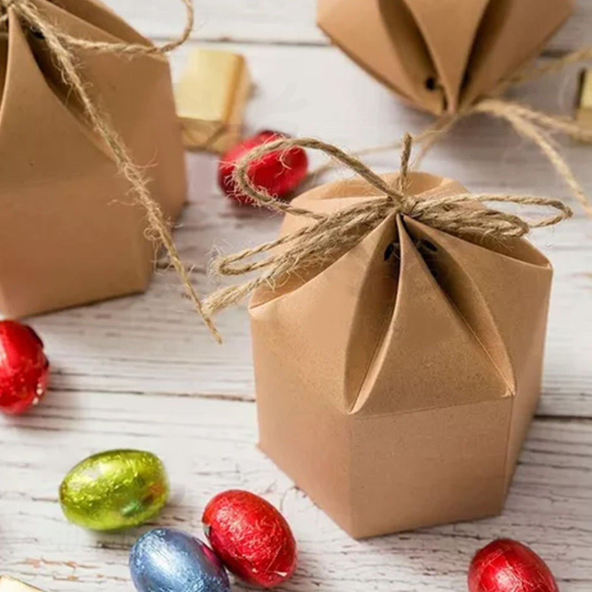 50Pcs Hexagonal Candy Treat Box Exquisite Gift Packaging Box for Wedding Birthday Party Baby Shower Brown Paper