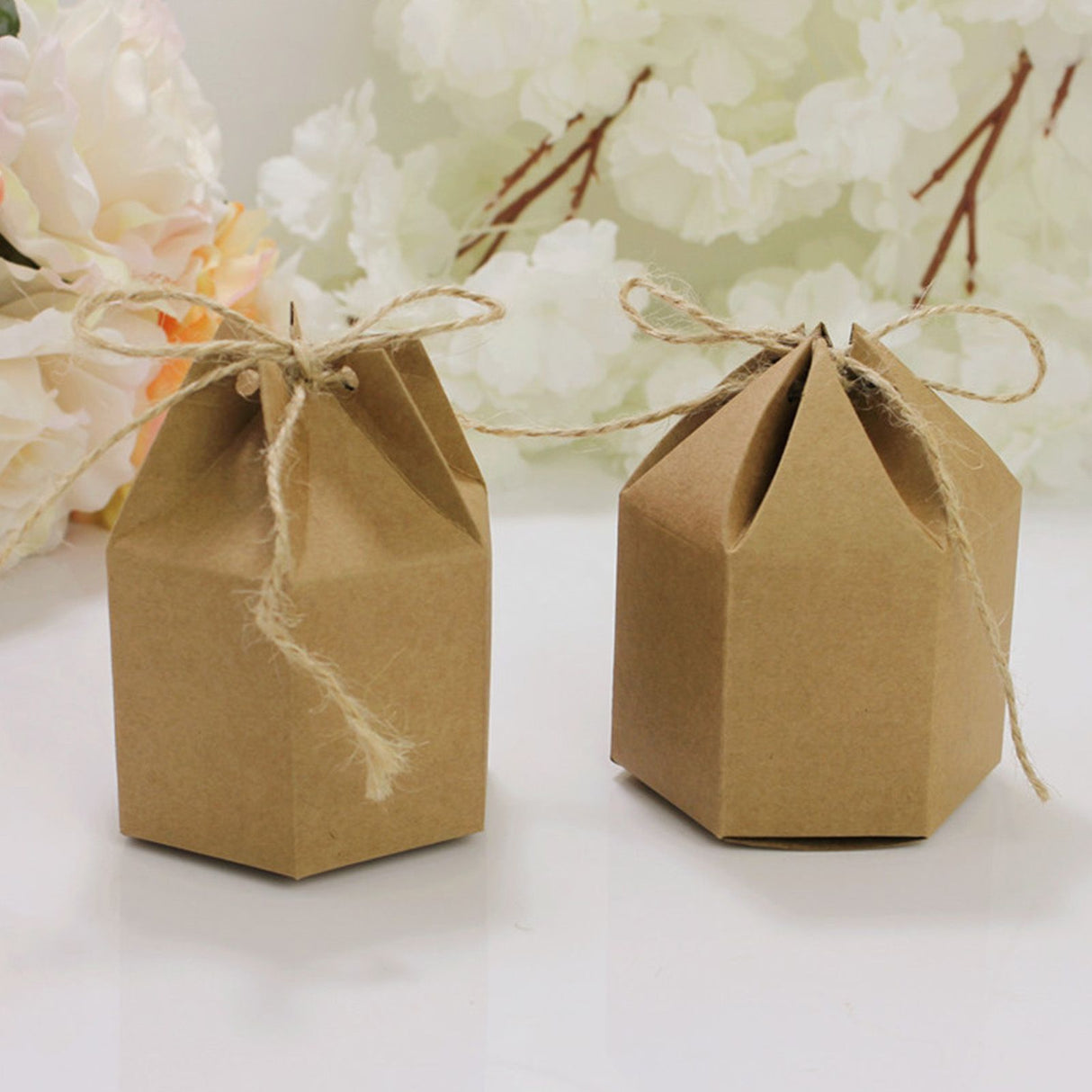 50Pcs Hexagonal Candy Treat Box Exquisite Gift Packaging Box for Wedding Birthday Party Baby Shower Brown Paper