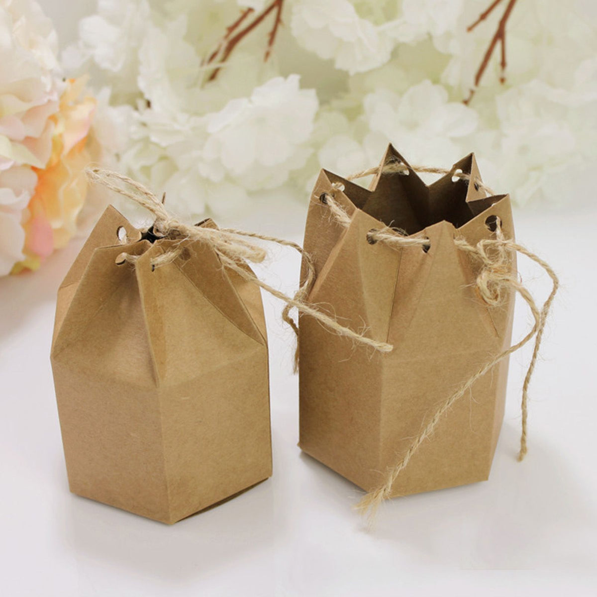 50Pcs Hexagonal Candy Treat Box Exquisite Gift Packaging Box for Wedding Birthday Party Baby Shower Brown Paper