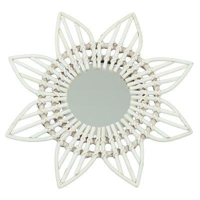 Rattan Wall Mirror White Flower Shape Rustic Vintage High Polished Glass Decorative Mirror for Entryway Bedroom Bathroom