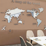 Acrylic Wall Stickers 3D World Map Wall Mirror Sticker for Office Study Living Room Bedroom Silver - Front View