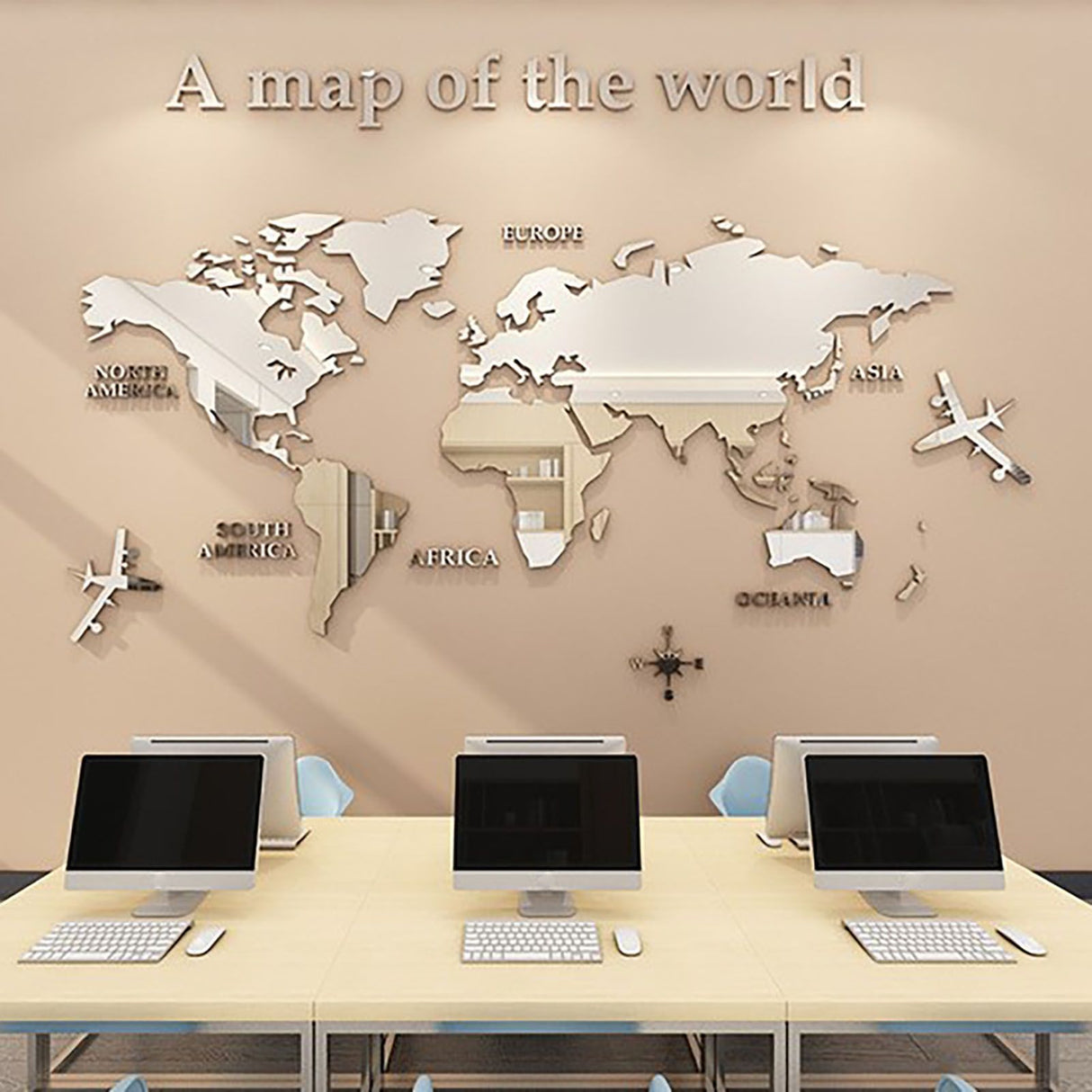 Acrylic Wall Stickers 3D World Map Wall Mirror Sticker for Office Study Living Room Bedroom Silver