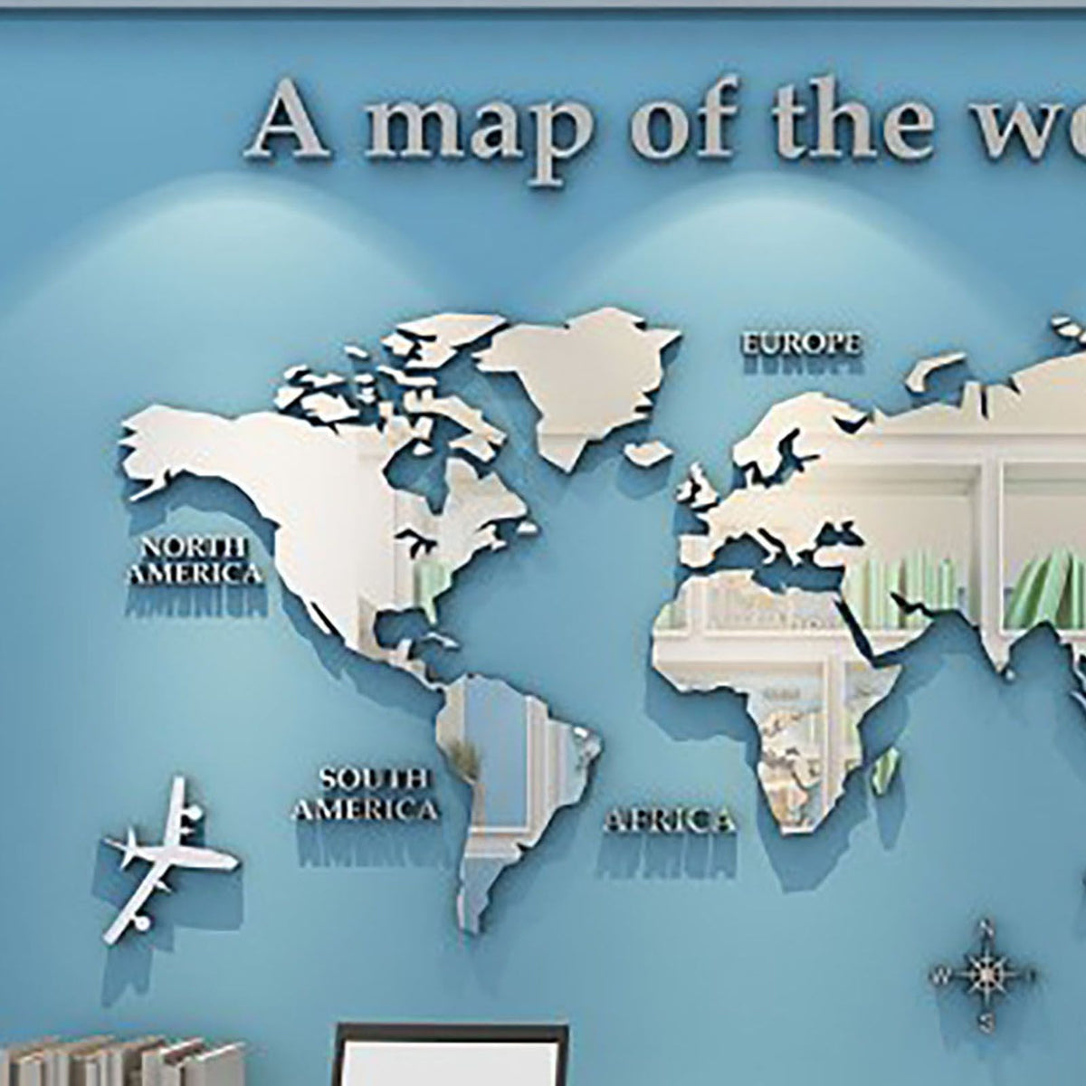 Acrylic Wall Stickers 3D World Map Wall Mirror Sticker for Office Study Living Room Bedroom Silver