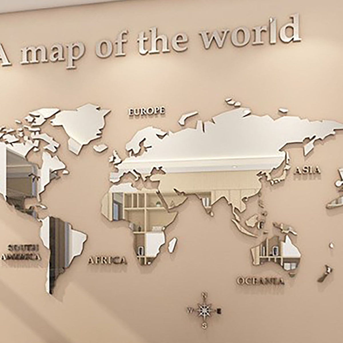 Acrylic Wall Stickers 3D World Map Wall Mirror Sticker for Office Study Living Room Bedroom Silver
