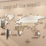 Acrylic Wall Stickers 3D World Map Wall Mirror Sticker for Office Study Living Room Bedroom Silver