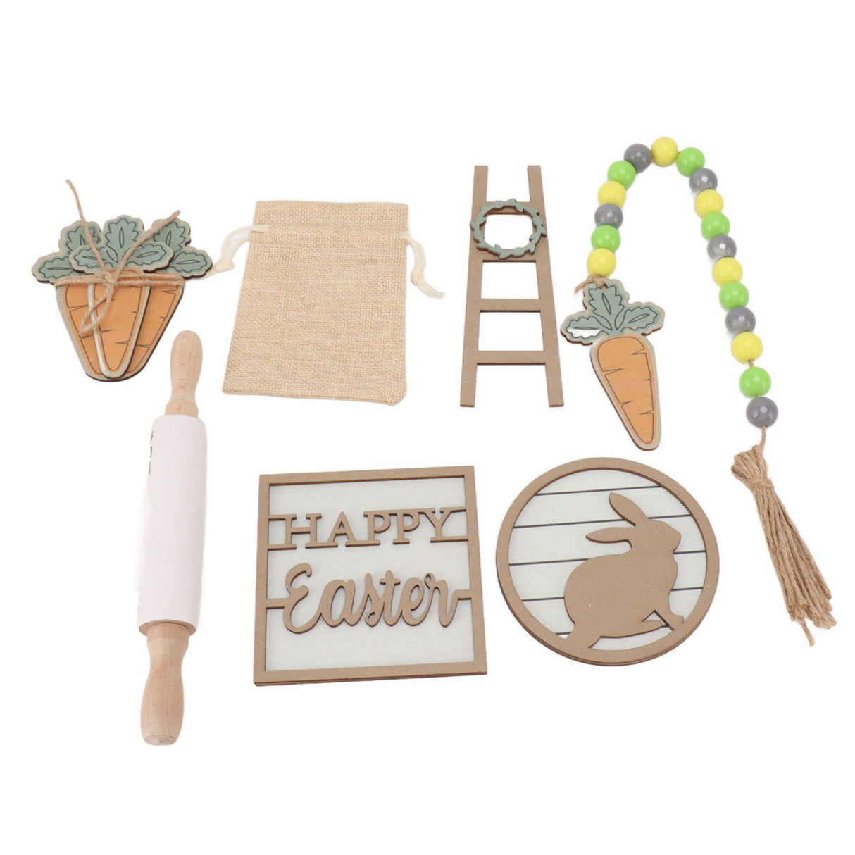 Easter Tiered Tray Decor Bunny Carrot String Bead Rolling Pin Ladder Wooden Easter Tray Decoration