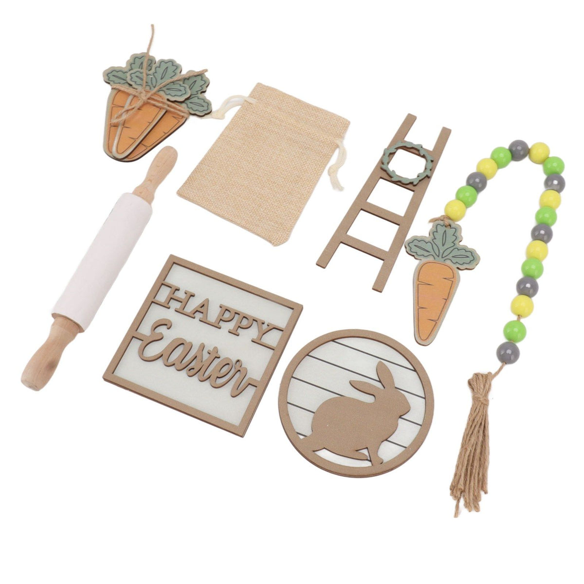 Easter Tiered Tray Decor Bunny Carrot String Bead Rolling Pin Ladder Wooden Easter Tray Decoration