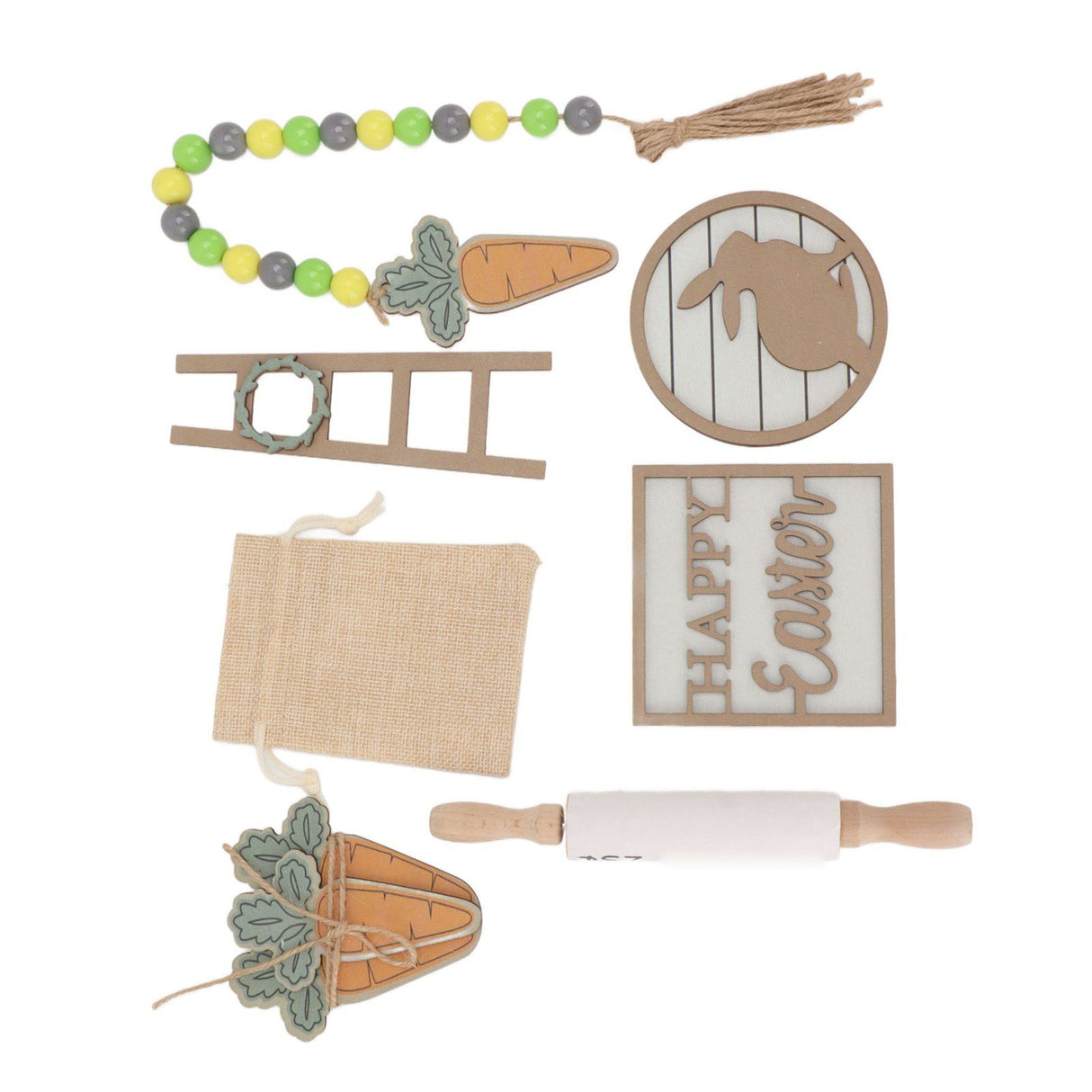Easter Tiered Tray Decor Bunny Carrot String Bead Rolling Pin Ladder Wooden Easter Tray Decoration