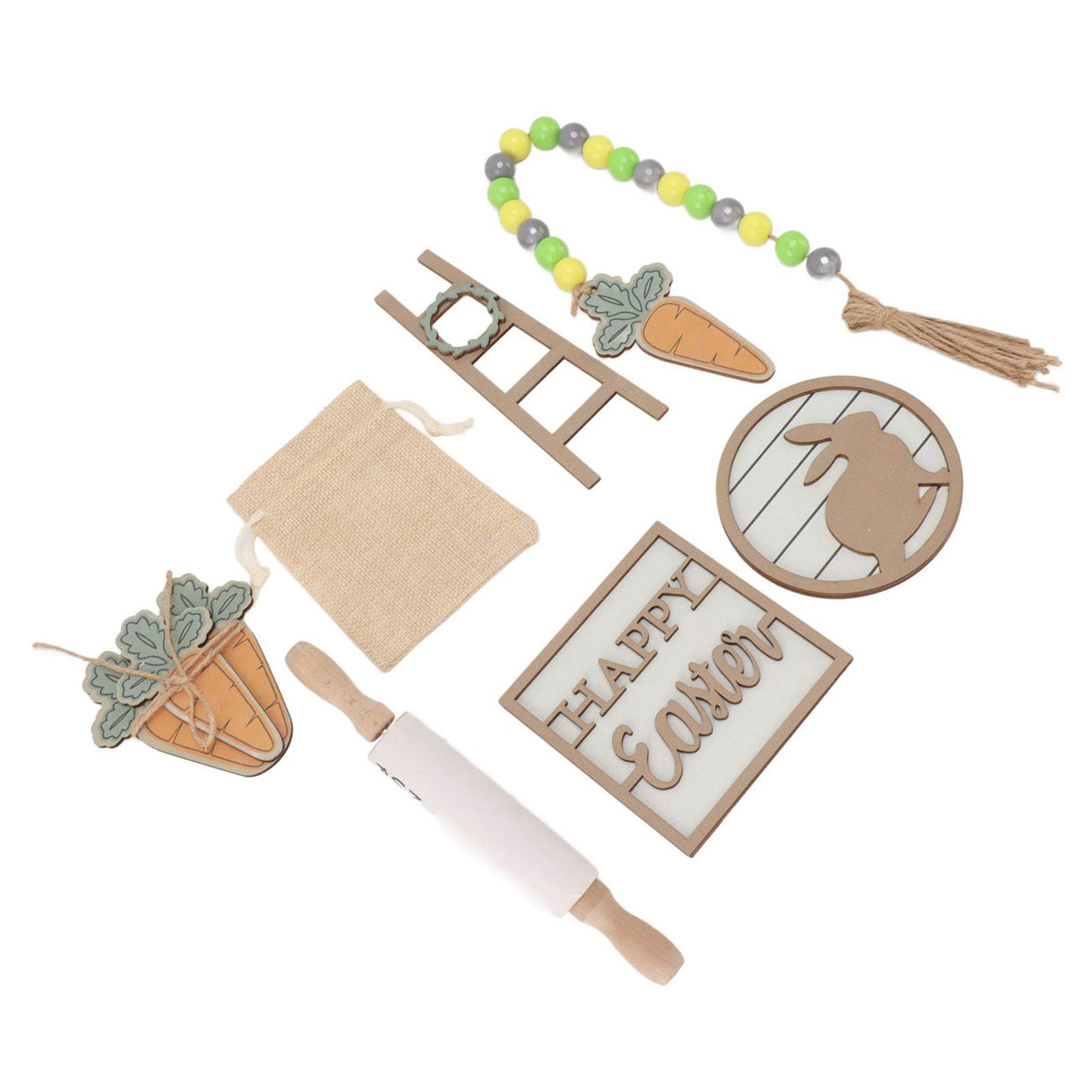 Easter Tiered Tray Decor Bunny Carrot String Bead Rolling Pin Ladder Wooden Easter Tray Decoration