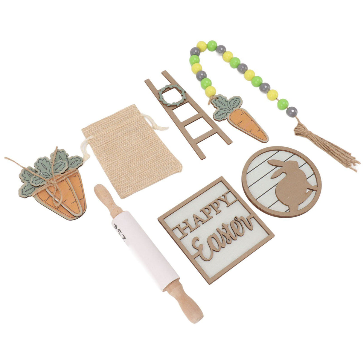 Easter Tiered Tray Decor Bunny Carrot String Bead Rolling Pin Ladder Wooden Easter Tray Decoration
