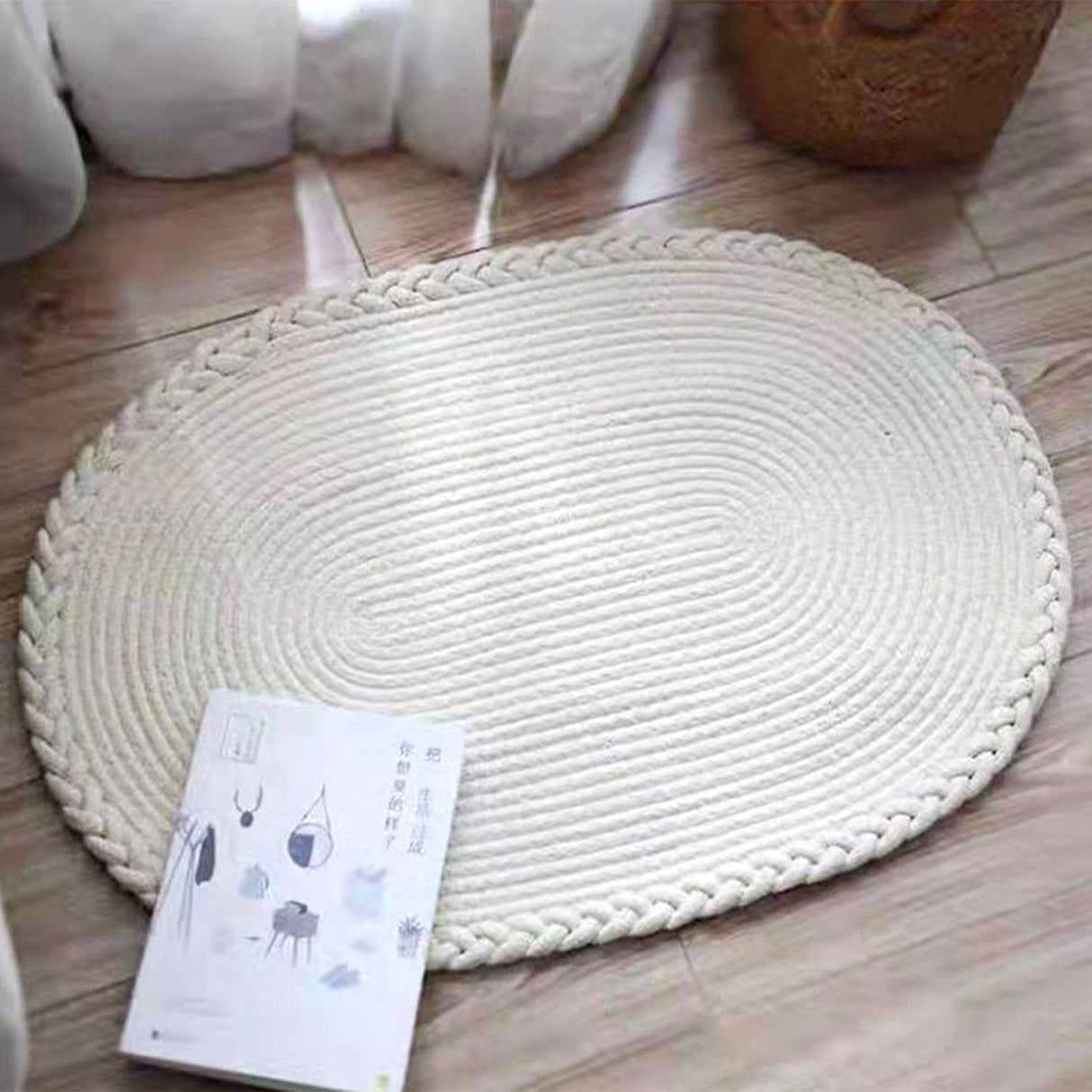 Bedroom Carpet Hand Woven Bedside Rug Study Living Room Oval Carpet Pure Color Floor Mat White