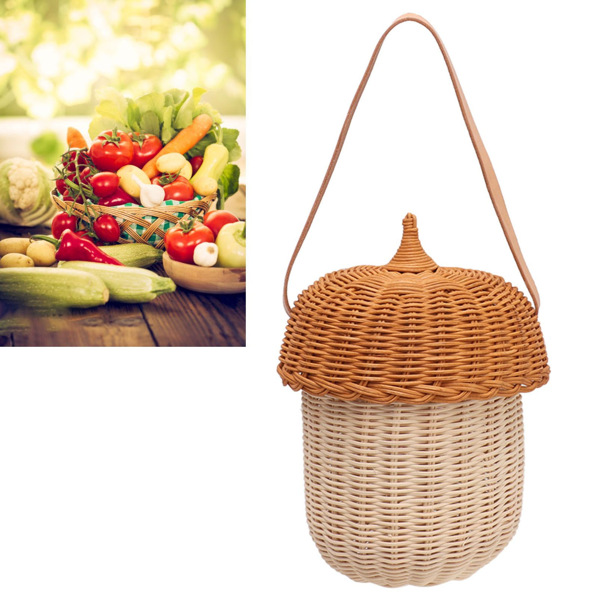 Kids Rattan Storage Basket Hand Woven Decorative Acorn Shaped Basket Bag for Boys Girls Photography Props Large Handbag