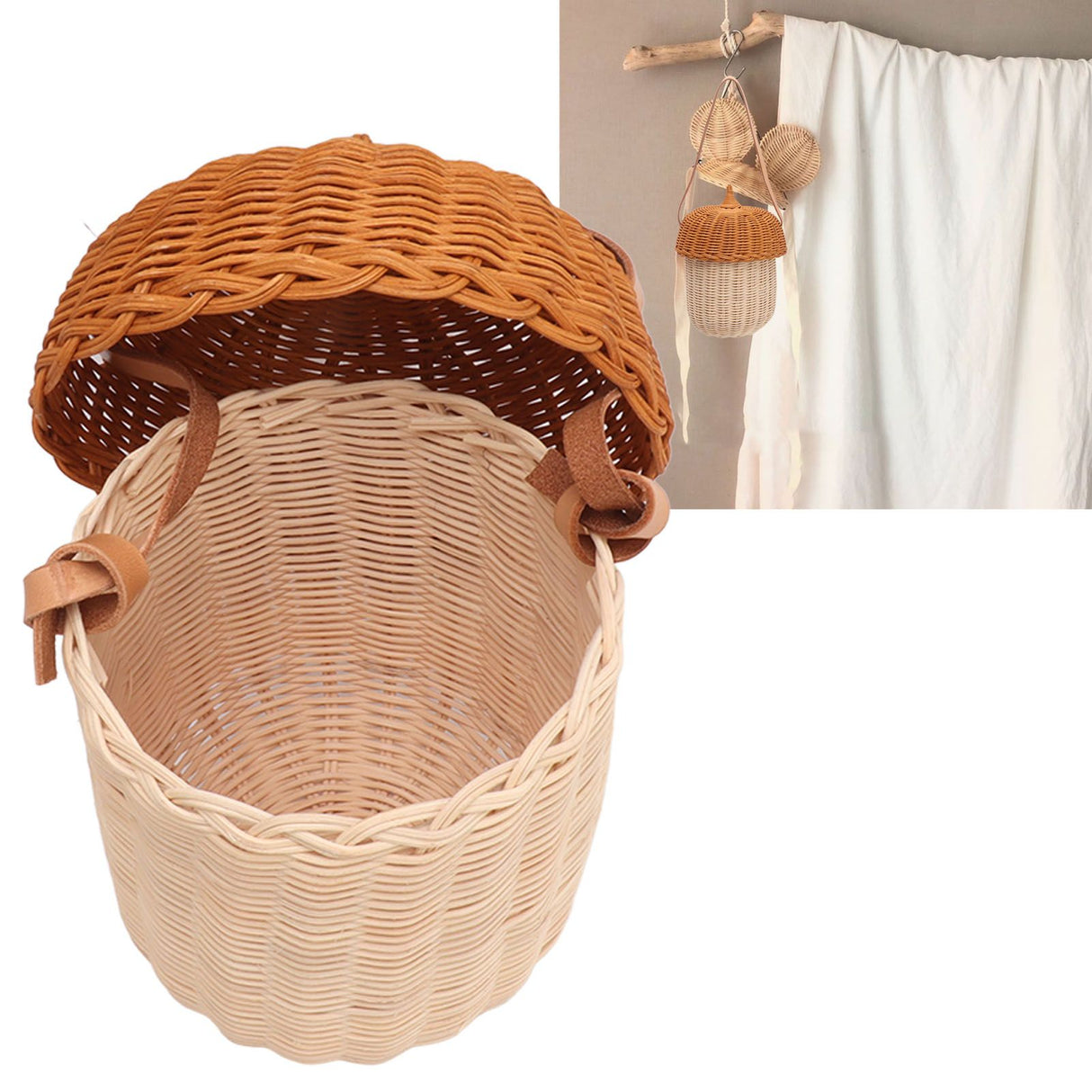 Kids Rattan Storage Basket Hand Woven Decorative Acorn Shaped Basket Bag for Boys Girls Photography Props Large Handbag