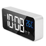 Mirror LED Alarm Clock Two Sets of Alarm Rechargeable Voice Activated Digital Clock for Bedrooms Bedside Desk Silver - Front View