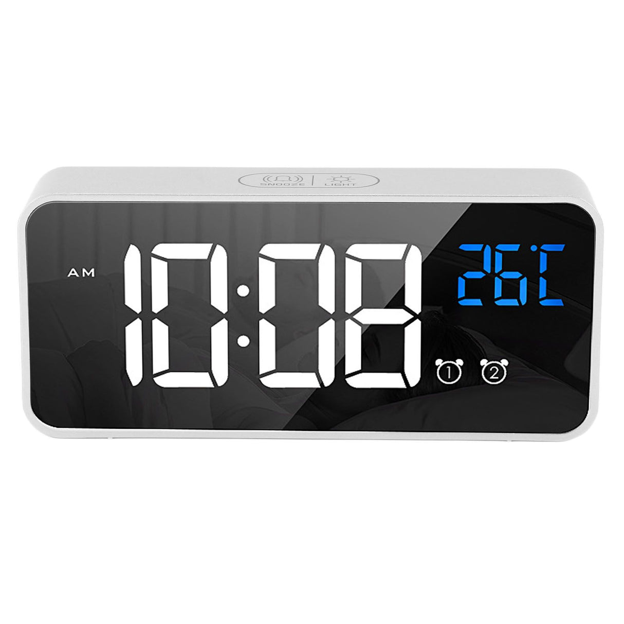 Mirror LED Alarm Clock Two Sets of Alarm Rechargeable Voice Activated Digital Clock for Bedrooms Bedside Desk Silver