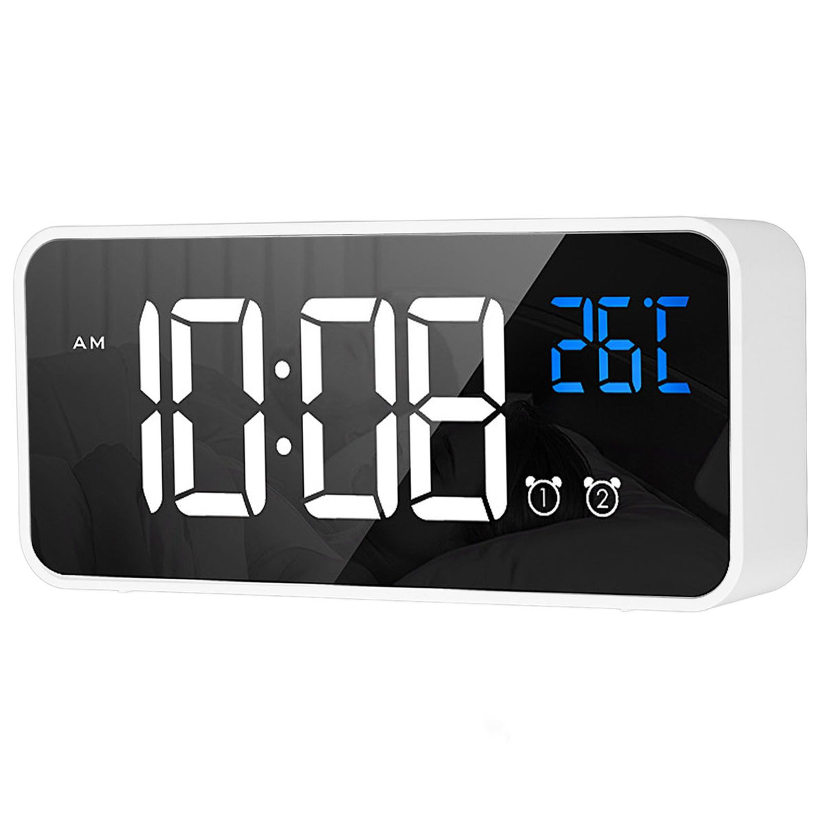 Mirror LED Alarm Clock Two Sets of Alarm Rechargeable Voice Activated Digital Clock for Bedrooms Bedside Desk White