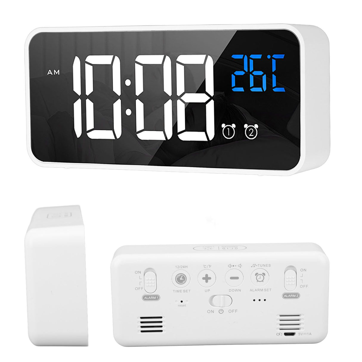 Mirror LED Alarm Clock Two Sets of Alarm Rechargeable Voice Activated Digital Clock for Bedrooms Bedside Desk White