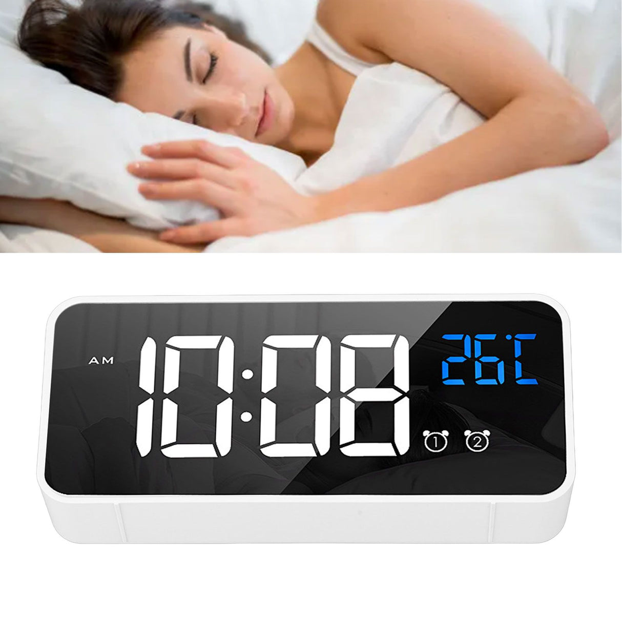 Mirror LED Alarm Clock Two Sets of Alarm Rechargeable Voice Activated Digital Clock for Bedrooms Bedside Desk White