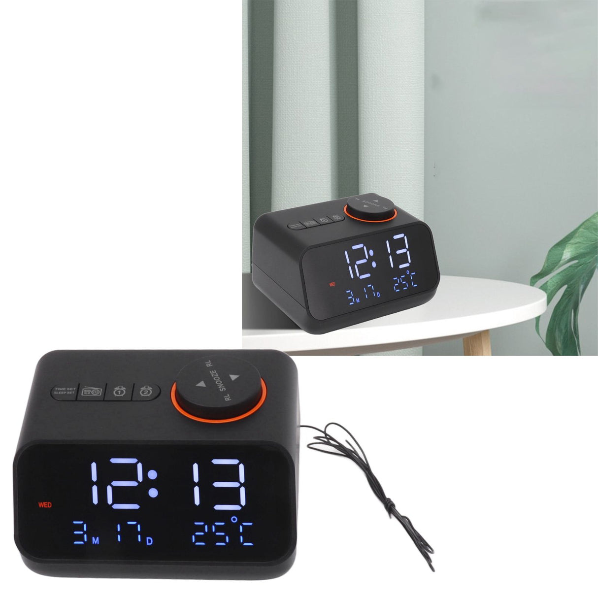 Alarm Clock Radio LED Digital Alarm Clock with FM Radio Music Temperature Humidity Display for Home Bedroom Desk Office Black