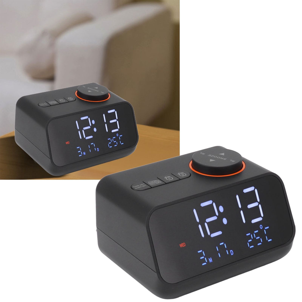 Alarm Clock Radio LED Digital Alarm Clock with FM Radio Music Temperature Humidity Display for Home Bedroom Desk Office Black