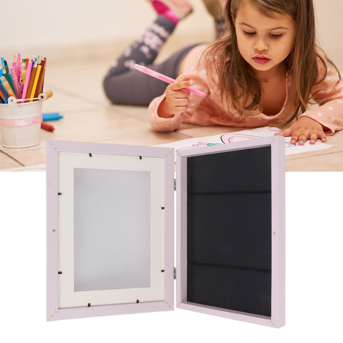 Kids Art Frame HDF Durable Magnetic Design Changeable Art Picture Frame with Storage Slot for Crafts Drawing Pink