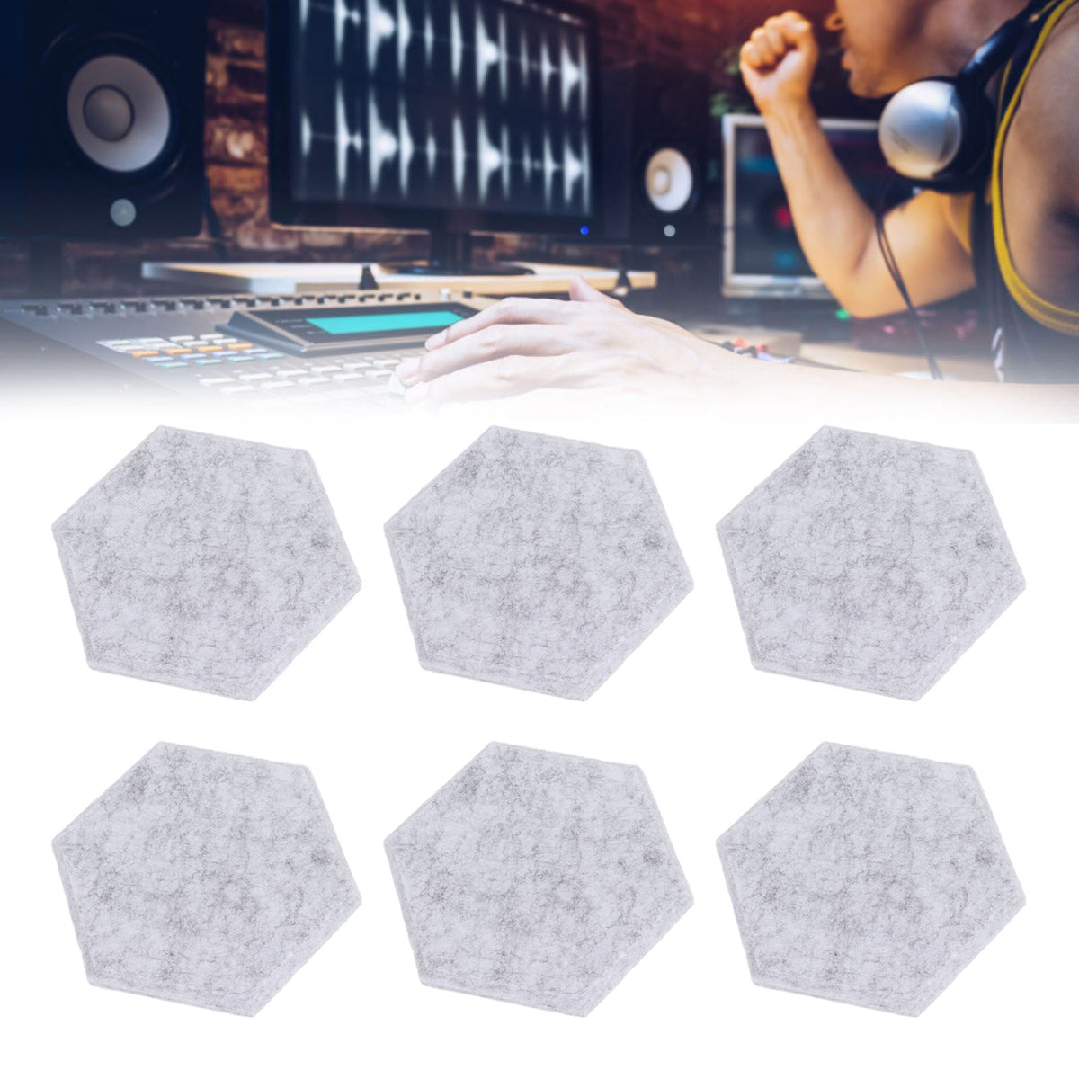 12PCS Hexagon Acoustic Panels High Density Sound Absorbing Panels Sound Proof Beveled Edge Wall Panels 14x12x7cm Light Gray