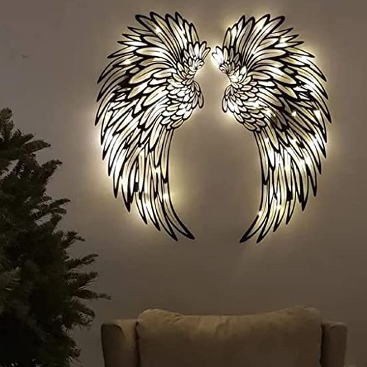 Angel Wings Metal Wall Art Indoor Outdoor Hanging Metal Angel Wings Wall Decor with LED Lights for Home Bedroom Living Room Garden Office