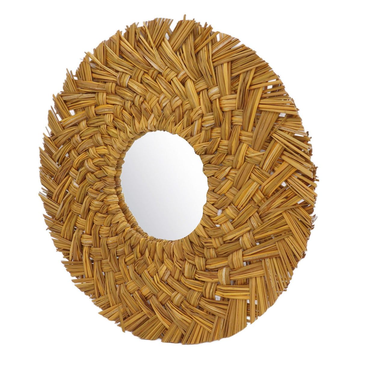 Straw Weaving Wall Mirror Retro Beautiful Woven Wall Hanging Mirror for Dorm Room Decoration Gold