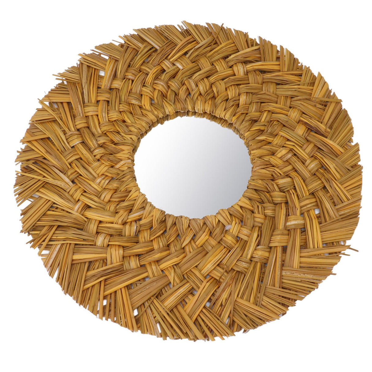 Straw Weaving Wall Mirror Retro Beautiful Woven Wall Hanging Mirror for Dorm Room Decoration Gold