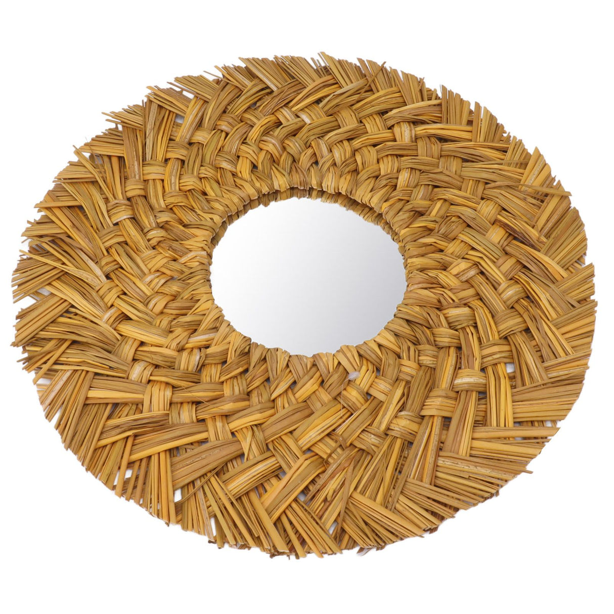 Straw Weaving Wall Mirror Retro Beautiful Woven Wall Hanging Mirror for Dorm Room Decoration Gold