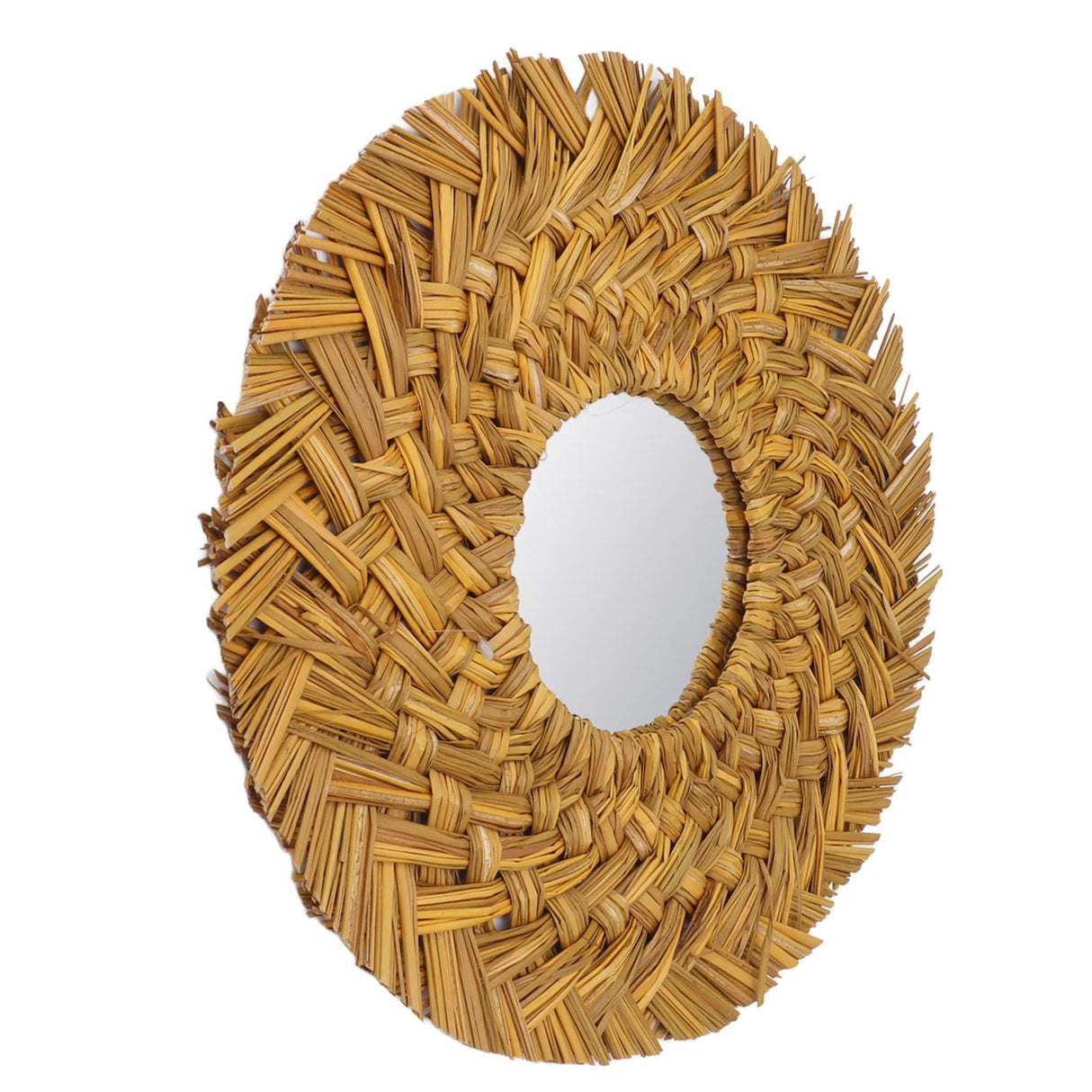 Straw Weaving Wall Mirror Retro Beautiful Woven Wall Hanging Mirror for Dorm Room Decoration Gold