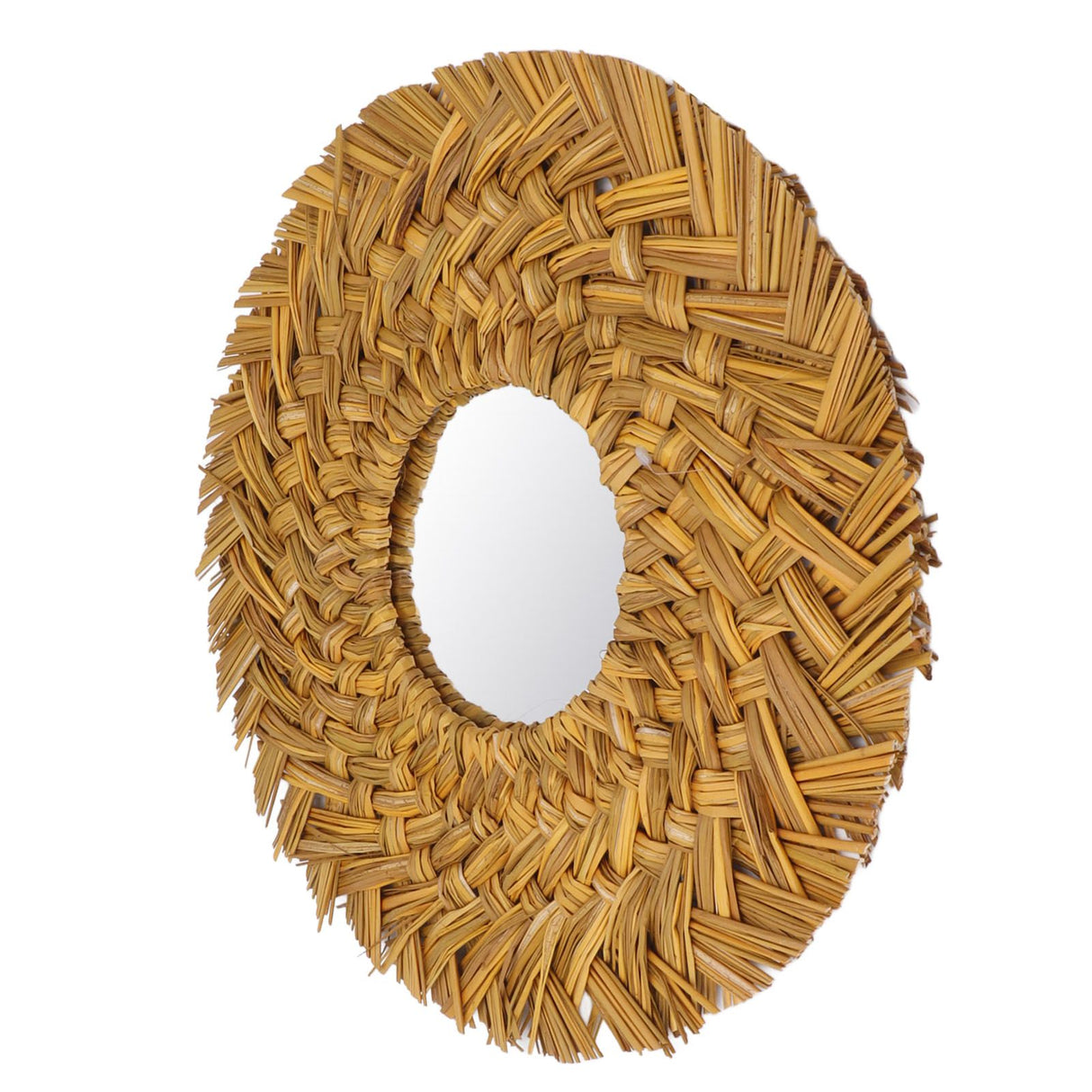 Straw Weaving Wall Mirror Retro Beautiful Woven Wall Hanging Mirror for Dorm Room Decoration Gold
