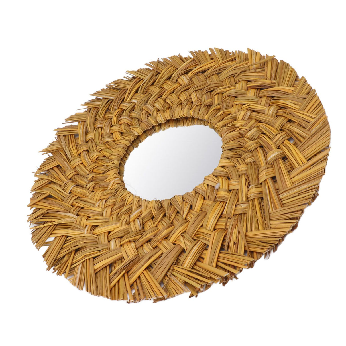 Straw Weaving Wall Mirror Retro Beautiful Woven Wall Hanging Mirror for Dorm Room Decoration Gold