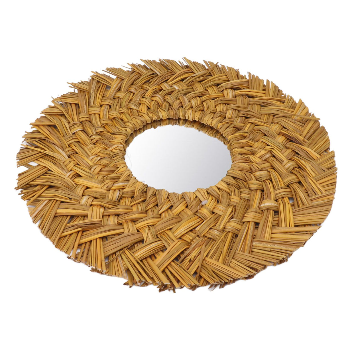 Straw Weaving Wall Mirror Retro Beautiful Woven Wall Hanging Mirror for Dorm Room Decoration Gold