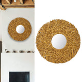 Straw Weaving Wall Mirror Retro Beautiful Woven Wall Hanging Mirror for Dorm Room Decoration Gold